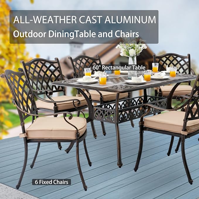 7-Piece Cast Aluminum Patio Furniture, Patio Dining Set for 6 Include 59" Rectangular Outdoor Dining Table and 6 Stackable Chairs with Cushions & Umbrella Hole (Bronze) Rootora