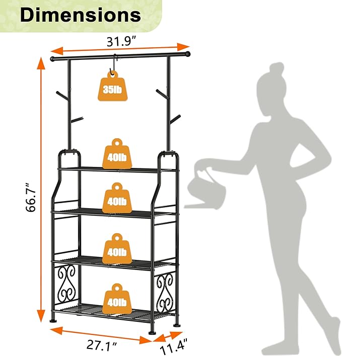 GIOTORENT Plant Stand Indoor Outdoor, 4-Tier Heavy Duty Metal Shelves, Display up to 17 Multiple Plants, Tall Plant Holder with Plant Hanger, Suit for Patio Living Room Garden Balcony, 5 Hooks, Black GIOTORENT