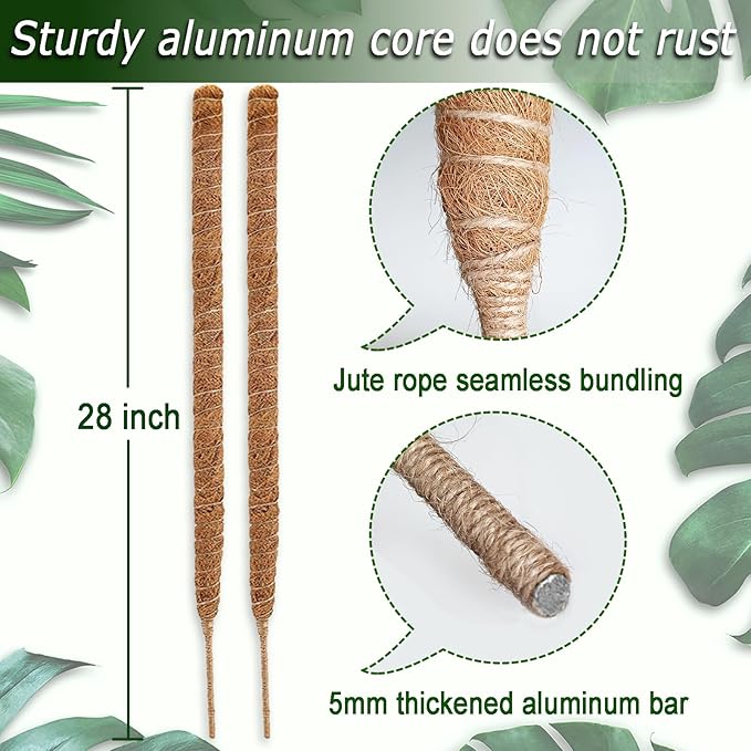 2 Pack Moss Pole, 28 Inch Bendable Moss Pole for Plants Monstera, Moss Poles for Climbing Plants Indoor, Coir Plant Pole Sticks Support Stakes for Potted Plant, Pothos, Philodendron Soupiar