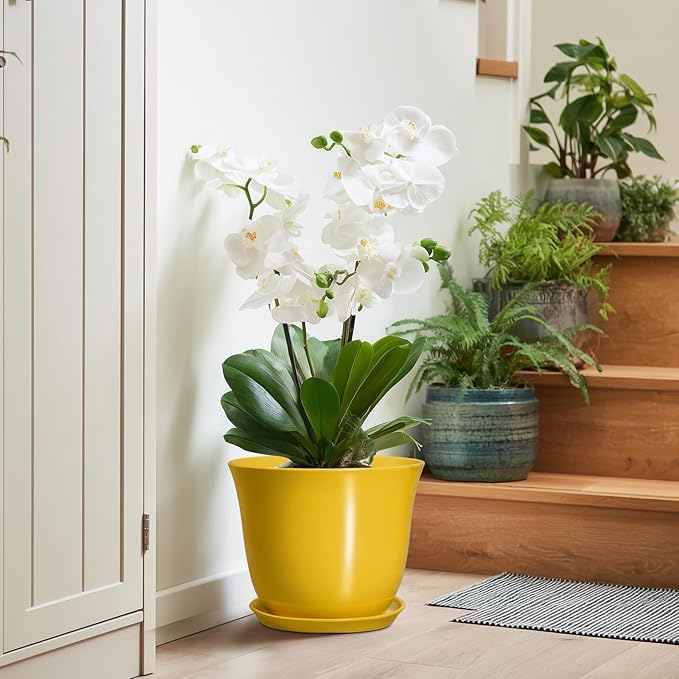 Ceramic Planter - 10 Inch Plant Pot for Indoor Outdoor, Round Flower Pots with Drainage Hole and Saucer, Large Plant Pot, Modern Planters, Home Room Decor, Gifts for Plants Lovers, Yellow SUNPOTFOR