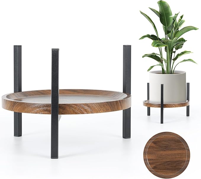 Plant Stand Indoor Adjustable with Walnut Wood Tray, Metal Modern Indoor Plant Stand, Heavy Duty Plant Stands Outdoor Corner, Stable Plant Holder, Fits 8 to 12 Inches Pots, Black, 1 Pack SculptingLightGarden