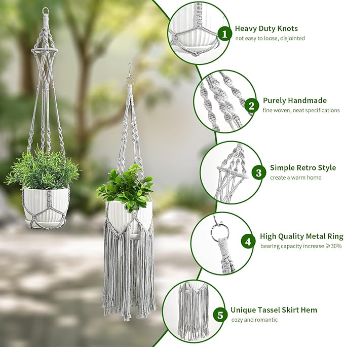 Macrame Plant Hangers, 6Pack Hanging Plant Holders Indoor w/ 6 Set Hooks Handmade Cotton Rope Plant Hangers Set Flower Pots Holder Stand Boho Home Decor Hanging Planters for Indoor Outdoor Plants TAOZIM