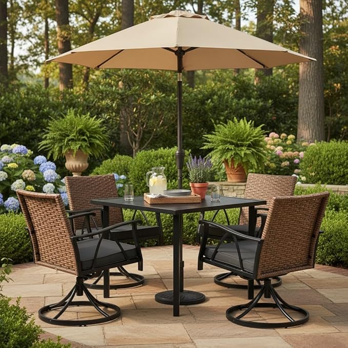 5-Piece Patio Dining Set for 4，Outdoor Dining Set with Wicker Swivel Patio Dining Chairs with Cushions & 1 Black Square Woodgrain Dining Table with 1.75”Market Umbrella Hole, Black & Brown Andehomy