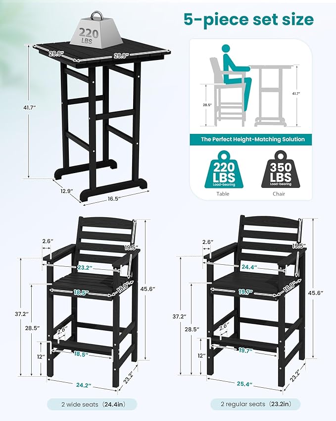 SERWALL 5-Piece Adirondack Bar Chairs Set, HDPE Adirondack Barstools with Pub Table, Outdoor Patio Bar Furniture for Bistro, Balcony, Poolside, Garden - Black SERWALL