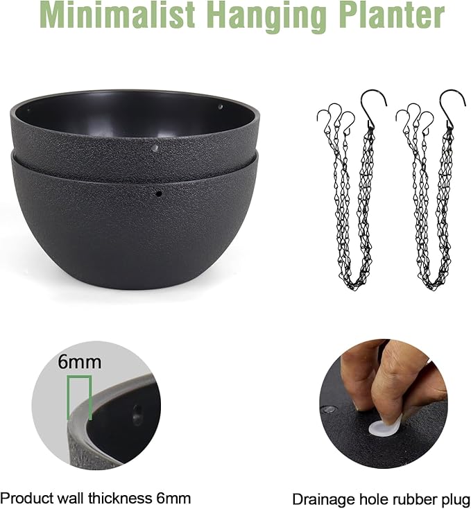 8 inch Small Hanging Planters Plant Pots for Indoor Outdoor Plants, 2 Pack Hanging Flower Pots with Drainage Holes and Chain for Garden Porch, Plastic Hanging Baskets for House Plants, Black Meowell
