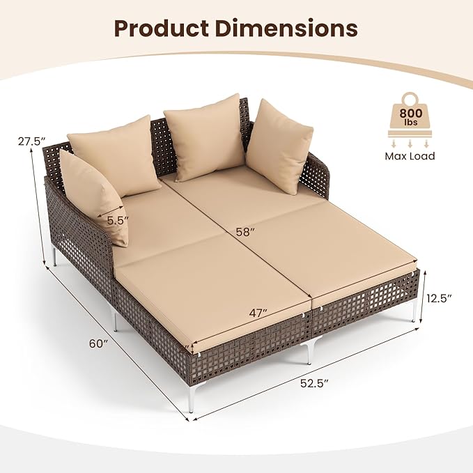 Tangkula Outdoor Rattan Double Daybed, Boho Wicker Chaise Lounge for 2 with Seat & Back Cushions, Outdoor Sunbed Loveseat with Metal Support for Backyard, Poolside & Deck (Brown) TANGKULA
