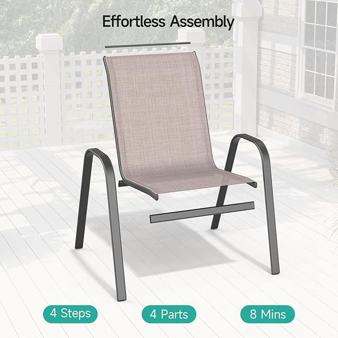 Patio Chairs Set of 6, Easily Set Up Stackable Outdoor Dining Chairs with High Back and Wide Seat, All Weather Breathable Outdoor Chairs Set of 6 with Metal Frame for Backyard Deck Pool, Brown Dovov
