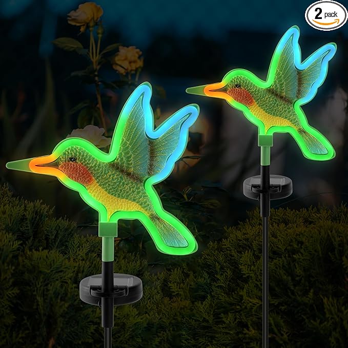 Solar Hummingbird Garden Lights, Halloween Outdoor Lights Decor,LED Hummingbirds Light Outside,Garden Solar Lights, Outdoor Decorations for Yard (2 Pack) Rootora