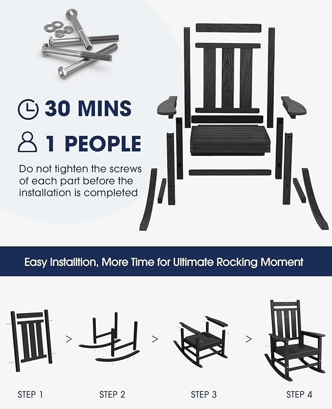 KINGYES Oversized Outdoor Rocking Chair Set of 6, All-Weather Patio Rocking Chairs for Porch, HDPE Outdoor Patio Rockers with High Back & Wide Seat for Garden, Lawn, Black KINGYES