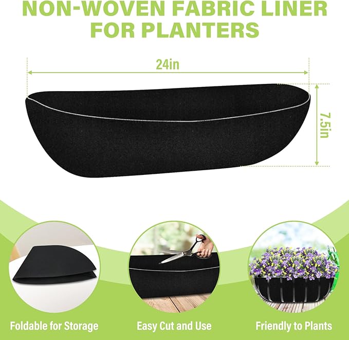 Riare 6 Pack 24 Inch Black Felt Window Box Liners- Fabric Trough Planter Basket Liners Replacement, Non-Woven Hanging Plant Liner for Wall Hanging Basket, Garden Fence Railing (Avoid Bird Nesting) Riare