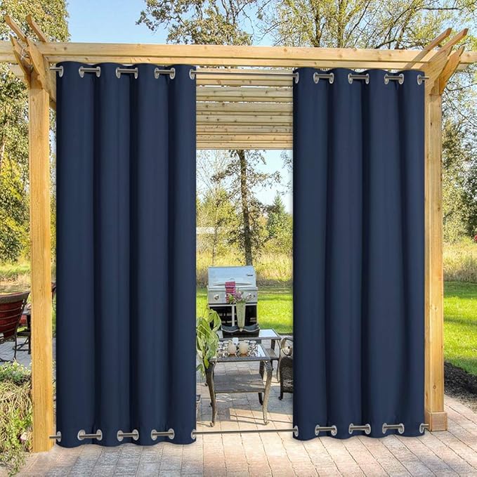 NICETOWN Outdoor Curtain for Patio Waterproof Extra Long 120", Windproof Thermal Insulated Top and Bottom Stainless Steel Grommets Blackout Outdoor Drape for Arbor, Navy Blue, 1 Piece, 52" Wide NICETOWN