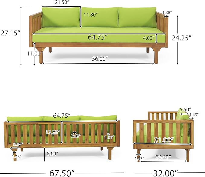 Claremont Outdoor 3 Seater Daybed with Cushions - Acacia Wood - Teak/Green ChristopherKnightHome