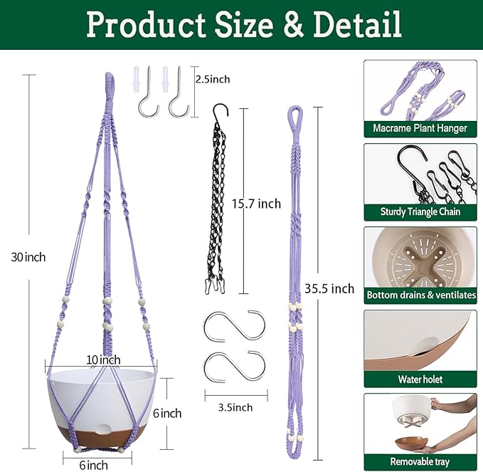 2 Pack Hanging Planters Set,10 Inch Indoor Outdoor Hanging Plant Pot Basket,Hanging Flower Pot with Drainage Hole with 3 Hooks for Garden Home(Purple Hanger White Planters) Koalaime