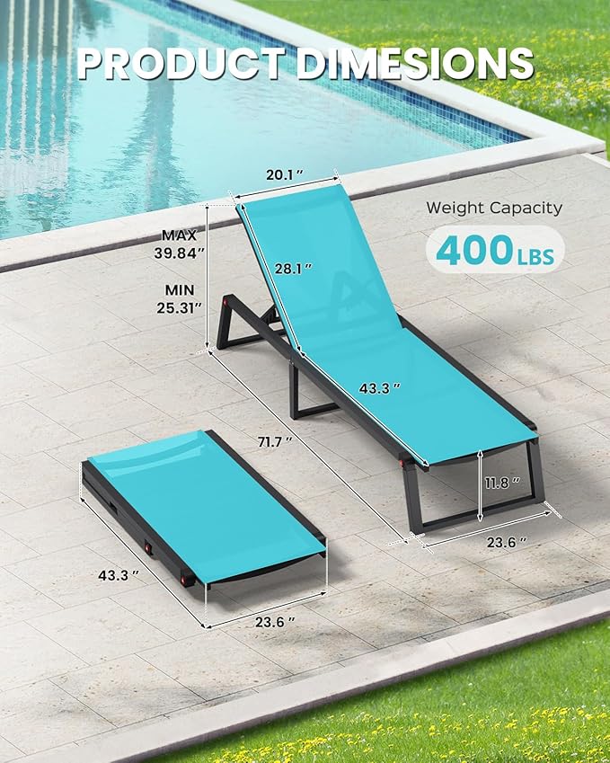 Aluminum Chaise Lounge Chair Outdoor, Foldable & Assembly Free Patio Pool Lounge Chairs 5-Position Recliner for Outside Poolside, Fully Grounded Legs Sun Lounger for Beach, Yard, Lake Blue Oasbira