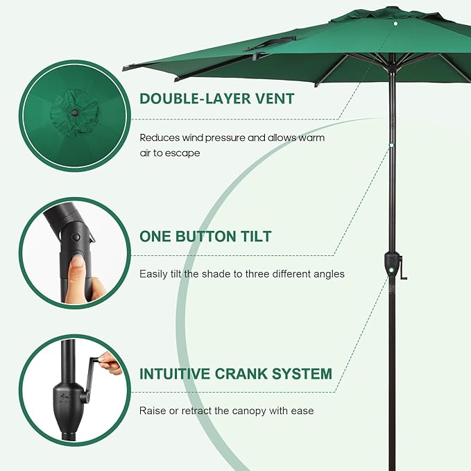 Abba Patio 11FT Lyon Outdoor Patio Umbrella Outdoor Table Umbrella with Push Button Tilt and Crank Market Umbrella 8 Sturdy Ribs UV Protection Waterproof for Garden Deck Backyard Pool Dark Green AbbaPatio