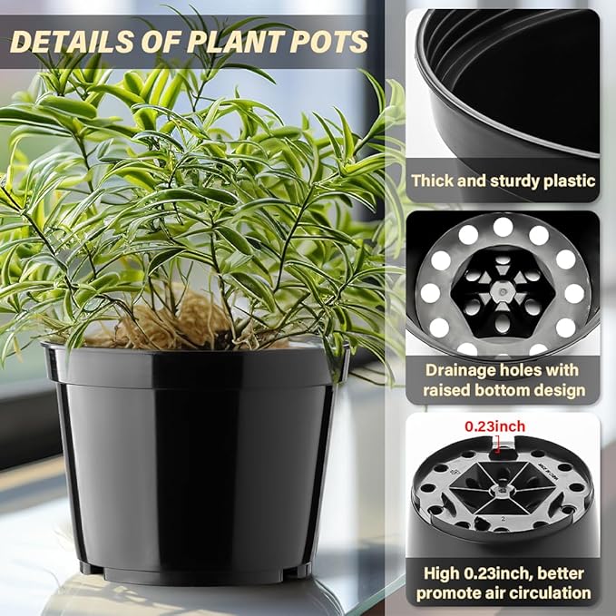 BTPLASTIK 15 Pack 6 Inch Plastic Plant Pots with Drainage Holes, Sturdy Nursery Pots for Plants, Thickened Flower Pots for Indoor Outdoor Planting Transplanting, Succulents, Seedlings, Black BTPLASTIK