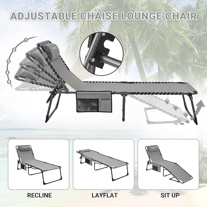 KingCamp Lounge Chair Outdoor, Folding Tanning Chairs Comfy Adjustable 5-Position Lay Flat Foldable Chaise Chaser Lounger with Pillow for Outside Beach Patio Sun Bathing Pool Backyard, Grey KingCamp
