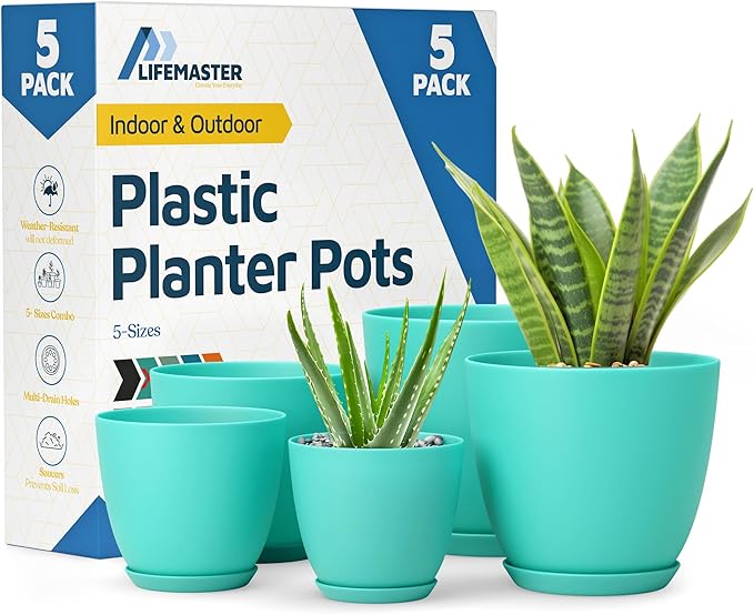 Lifemaster Planter Pots with Drainage Holes - Lightweight, Durable, and Space-Saving Pots for Indoor and Outdoor - Versatile Functionality, Simple Modern Design, Set of 5 Plastic Planter Pots - Aqua LIFEMASTER