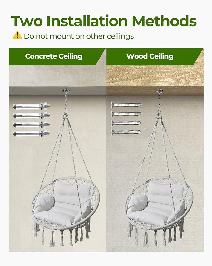 Greenstell Hammock Chair, Macrame Swing Chair with Comfy Cushion, Boho Hanging Chair for Outdoor & Indoor, Perfect for Bedroom, Patio, Balcony, Hold up to 330Lbs, Grey Greenstell