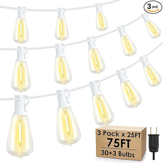 75FT(3x25FT) Outdoor String Lights, Patio Lights with 30+3 LED Dimmable Waterproof Connectable ST38 Bulbs for Gazebo Backyard Christmas, White Larkvue