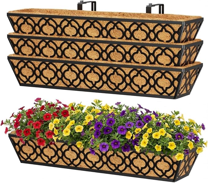 Y&M 30 inch Window Planter Box 4Pcs Iron Window Deck Railing Planter with Coco Liner, Metal Horse Troughs Fence Planter for Outdoor Balcony Rail Fence Porch Patio YM