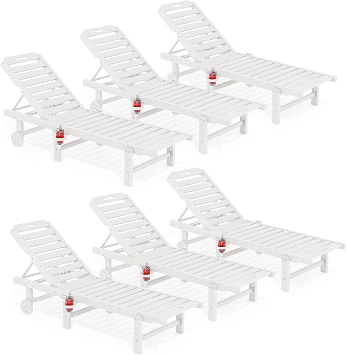 SERWALL Outdoor Chaise Lounge Set of 6, HDPE Pool Lounge Chair with 5-Position Adjustable Backrest, Patio Lounger with Rolling Wheels & Cup Holder for Pool, White SERWALL