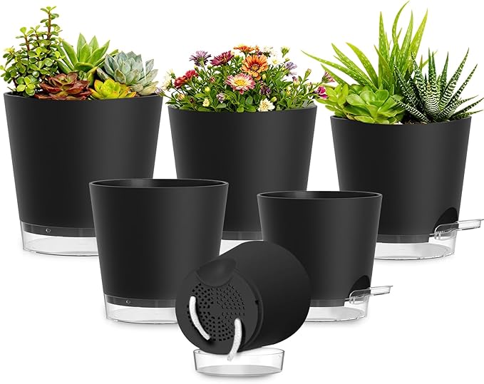 Plant Pots 4/5/5.5/6/6.5/7 Inch Self Watering Pots, 6 Pack Plastic Planters with Drainage Holes and Clear Saucers,Plastic Flower Pots,Nursery Planting Pot for Indoor Out Door Plants(Black) SQKH