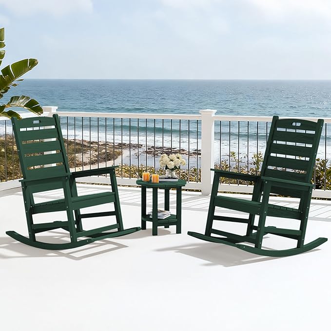 SERWALL Outdoor Rocking Chair, Oversized Rocking Chair with Footrest for Adults, HDPE All Weather Resistant Rocking Chairs for Patio, 350lbs Weight Capacity, Green SERWALL