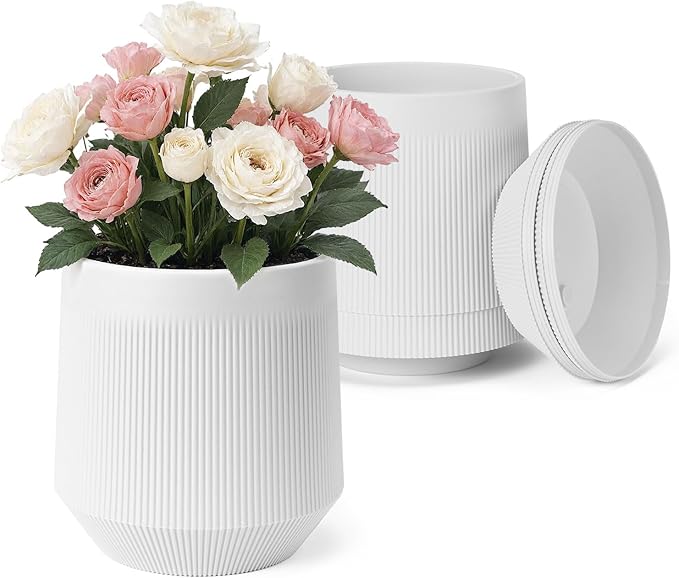 Plant Pots，Set of 3 Plastic Pots for Indoor Plants,Flower Pots Outdoor Planters with Drainage Hole and Seamless Saucer,White Rootora