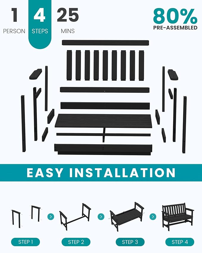 SERWALL Outdoor Bench, HDPE Outdoor Benches Weatherproof, 2-Person Garden Bench with 660 lbs Weight Capacity, Patio Benches for Outdoors, Garden, Porch, Backyard and Park, Black, 6 Pack SERWALL