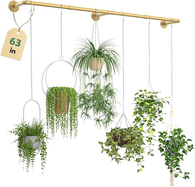Plant Hanger Indoor Hanging Planters for Indoor Plants Hanging Plant Holder Window Plant Rod Gold Metal Shelves 63 Inch (Pot/Chains not Included Galood