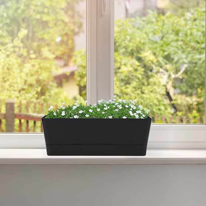 GREANER 12x3.8 Inch Herb Planters, 1 Pack Rectangle Window Boxes with Tray, Indoor Succulent Cactus Mint Plastic Pot for Windowsill, Balcony, Office, Outdoor Garden - Black GREANER