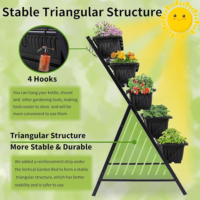 Homdox 3.74FT Vertical Garden Bed, 5 Tiers Vertical Raised Garden Planter, 23 * 26 * 45Inch Outdoor Garden Raised Bed with 4 Hooks, Vegetable Flower Planter Raised Stand for Garden Patio Yard, Black HOMDOX
