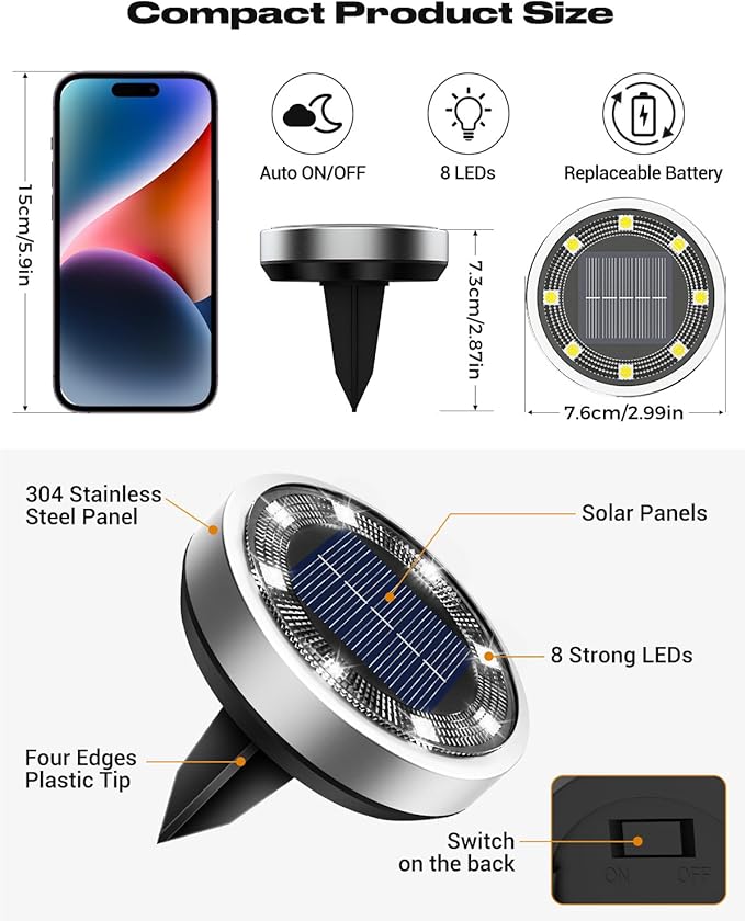 btfarm 16 Pack Solar Lights Outdoor, 8 LED Solar Ground Lights IP65 Waterproof Flat Solar Disc Light, Pathway Lights for Garden Lawn Patio Yard Path Landscape, Cool White btfarmdecorativelighting