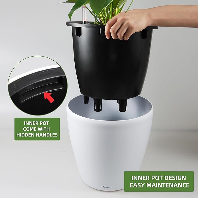 Dexceder 15x14 Self Watering Planter with Wheels Indoor Outdoor, Inner Pot Design, Thickened Large Floor Standing Flower Plant Pot with Water Level Indicator (White Matte) Dexceder