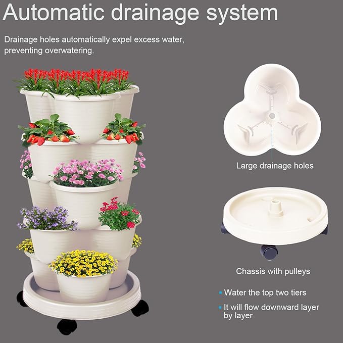 5-Tier Vertical Garden Tower Stackable Planter for Strawberries, Flowers, Vegetables & Herbs Beige Pinky+Family