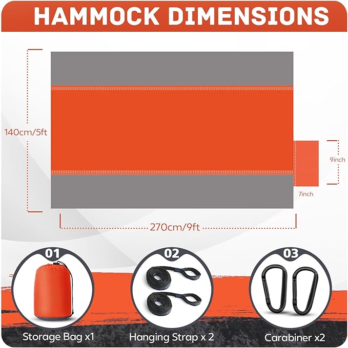 Camping Hammock Lightweight, Portable Hammocks Parachute Hammock with Two Tree Straps, Single or Double Travel Swing Nylon Camp Hammocks, Outdoor Essentials for Beach Backpacking Hiking, Orange Rootora