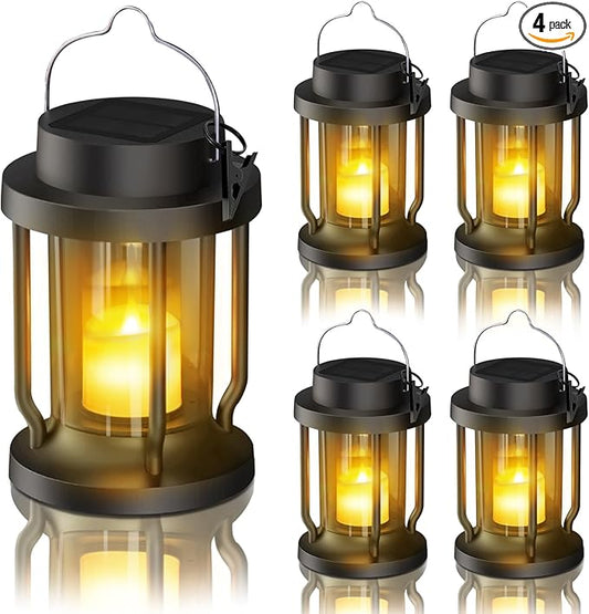 Solar Lantern Outdoor & Indoor Use – Hanging Solar Lights with Realistic Flickering Flameless Candle, Weatherproof for Gardens, Patios, Trees, and Lawns (Black, 4 Pack) Rootora