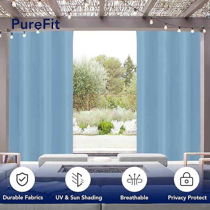 PureFit Outdoor Curtains for Patio Waterproof Weatherproof, UV Resistant Outside Curtains for Gazebo, Front Porch, Pergola, Sun Blocking Privacy Curtain, 52W x 95L inch, 1 Panel, Sky Blue PureFit