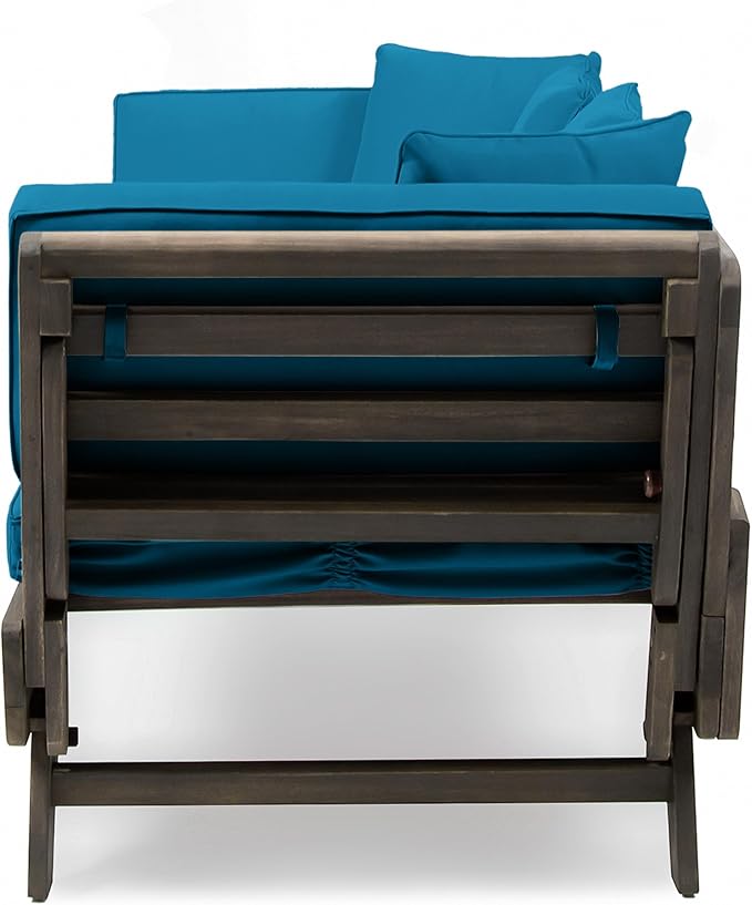 Merax Outdoor Patio Daybed Sofa,3-Seat Sofa with Foldable Arm 4 Back Pillows,Teak Acacia Wood Frame Beige Removable Cushion,Grey+Teal Merax