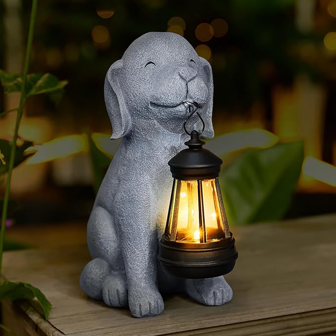Solar Dog Garden Statue with Lantern, Outdoor Waterproof Dog Figurine Decor for Patio Yard Lawn, Birthday Garden Gifts for Women Mom Grandma, Housewarming Gift HSLILIMING
