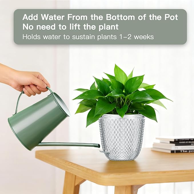QCQHDU 2 Pack Self Watering Pots, 7.2 Inch Flower Pots with Drainage Holes and Water Filling Port, Garden Planter for Indoor Outdoor Plants (Clear) QCQHDU