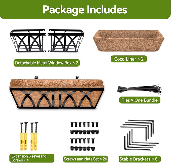Halatool 2 Pack Heavy-Duty Metal Deck Railing Planter Box, 24 Inch Rust-Resistant Rectangular Window Boxes Planters with Coco Liner & Adjustable Brackets, Grow More On Your Balcony, Patio & Fence HALATOOL