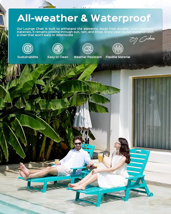 Lounge Chair Outdoor, Oversized Chaise Lounge Chair with 5 Positions, HDPE, Patio Lounge Chair with Wheels & Cup Holder for Pool, Deck, Poolside, Lake Blue CIOKEA