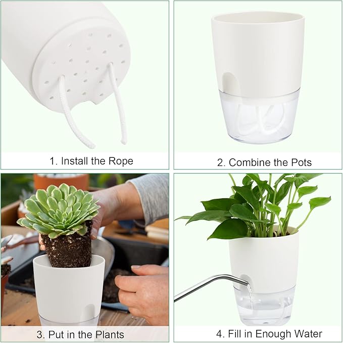 ShineMe Self Watering Pots, 5 Pack Self Watering Planters for Indoor Plants, 4.1 inch Plastic Plant and Flower Pots for African Violets, Herbs, Aloe, Peace Lily with Absorbent Cotton Rope ShineMe