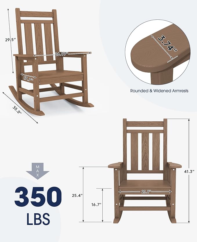 KINGYES Oversized Outdoor Rocking Chair Set of 2, All-Weather Patio Rocking Chairs for Porch, HDPE Outdoor Patio Rockers with High Back & Wide Seat for Garden, Lawn, Brown KINGYES