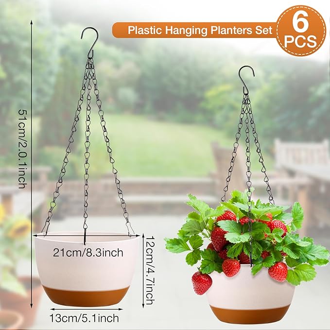 Mumufy 6 Pcs 8 Inch Hanging Planter for Indoor and Outdoor Plants Plastic Hanging Flower Pots with Drainage Hole and Removable Saucer Hanging Plant Holder Plant Hanging Basket (Mixed Colors) Mumufy