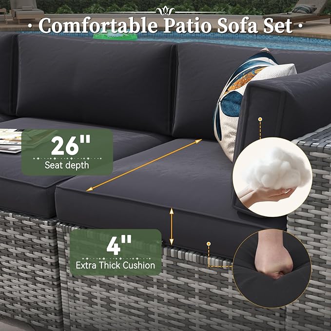 Aoxun 6 Piece Patio Furniture Set with Wide Armrests Wicker Rattan Outdoor Sectional Sofa Set with Coffee Table and Thickened Cushions, Grey/Black(Waterproof Cover Included) Aoxun