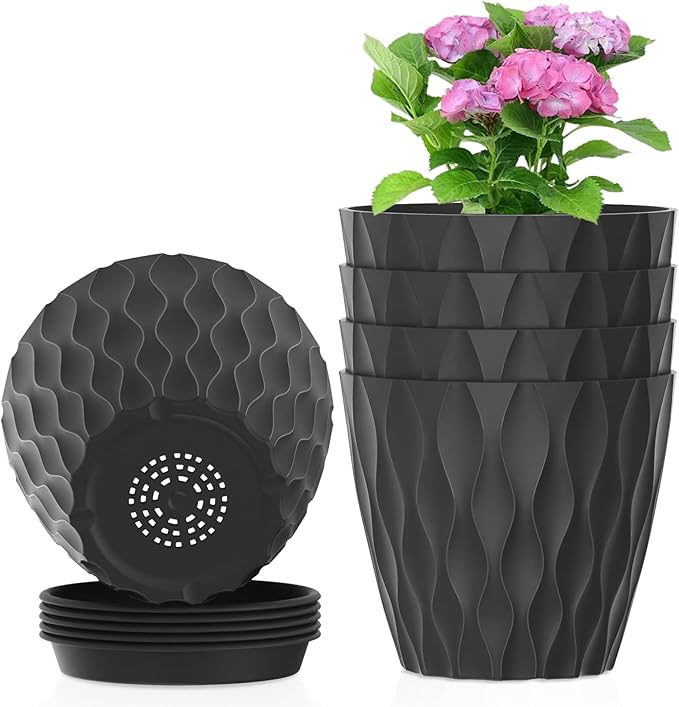 4 inch Small Plastic Nursery Pots, Seedling Pots, 5 Set Water Ripples Plant Pots for Indoor Plants, Flower Pots with Drainage Holes and Saucers, Seed Starter Pots for Succulent Plants, Black Meowell