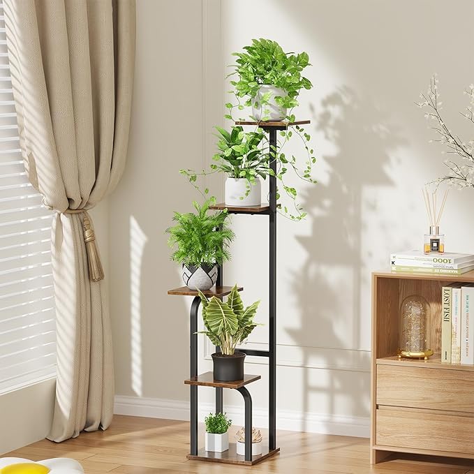 5 Tier Plant Stand Indoor, Plant Shelf for Multiple Plants, Flower Pot Holder Shelf, Planter Display Rack for Patio Garden Balcony Living Room Bedroom Decor, Rustic Brown Asgolion